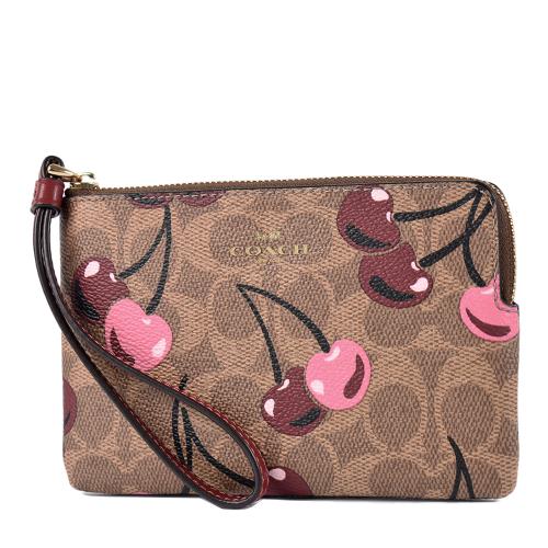 COACH 櫻桃緹花LOGO防刮皮革手拿包-卡其色