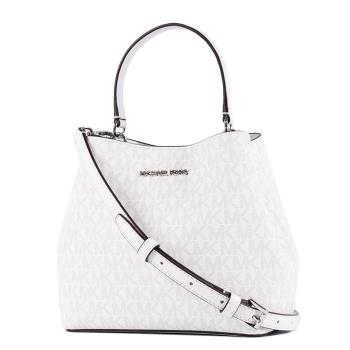 MICHAEL KORS PRATT 緹花LOGO防刮雙釦置物手提/斜背二用包-銀字白/小