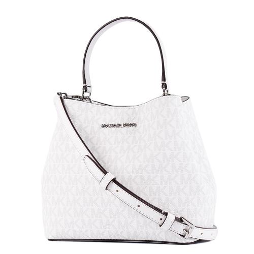 MICHAEL KORS PRATT 緹花LOGO防刮雙釦置物手提/斜背二用包-銀字白/小