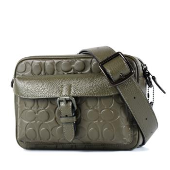 COACH 男款 Warner 壓印LOGO小牛皮拉鍊斜揹包-綠色