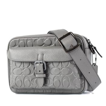 COACH 男款 Warner 壓印LOGO小牛皮拉鍊斜揹包-灰色
