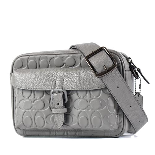 COACH 男款 Warner 壓印LOGO小牛皮拉鍊斜背包-灰色
