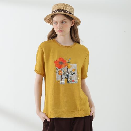 HsinGo 自然藝境花卉捲邊柔感微風上衣組