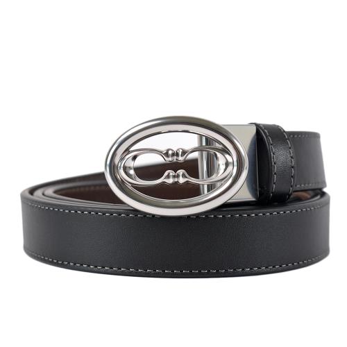 COACH 女款 鏤空銀字雙C素面雙面用皮帶-黑/咖啡色