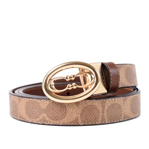 COACH 女款 鏤空金字雙C緹花LOGO雙面用皮帶-棕褐/棕色
