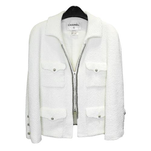 二手品 Chanel 斜紋毛呢銀邊西裝外套(白)