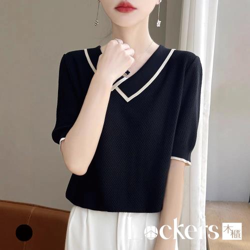 【Lockers 木櫃】不規則撞色短袖針織衫 L114051904