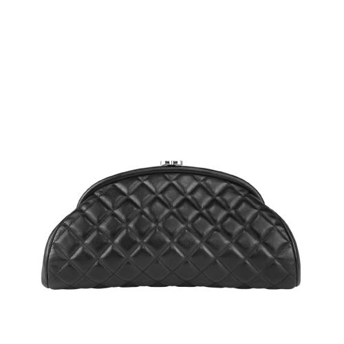 二手商品9成新_CHANEL 銀釦菱格紋小牛皮手拿包(黑色)