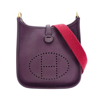 二手品 Hermes Mini Evelyne 牛皮金扣斜揹包(W刻/黑醋栗紫)