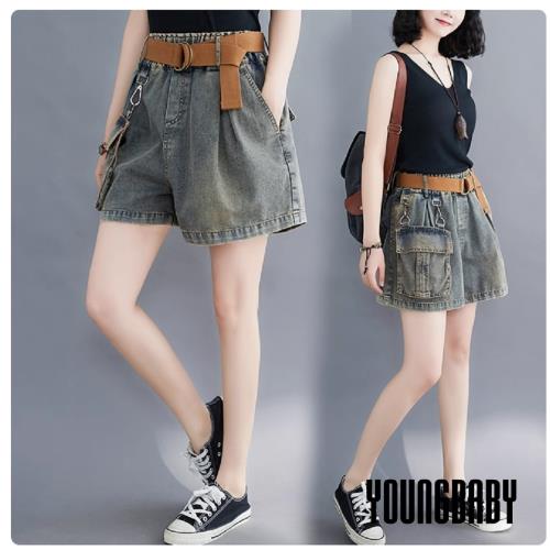 【YOUNGBABY中大碼】鬆緊腰吊飾立體口袋牛仔短褲 中大尺碼女裝