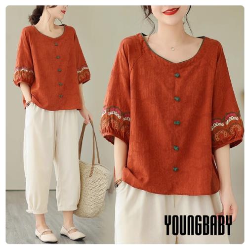 【YOUNGBABY中大碼】圓領盤釦彩色刺繡撞色縈麻上衣 中大尺碼女裝