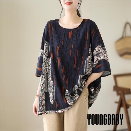 【YOUNGBABY中大碼】撞色變形蟲紋路蝙蝠袖棉麻上衣 中大尺碼女裝