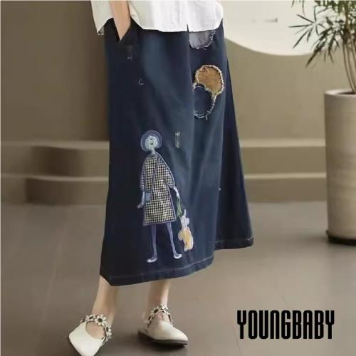 【YOUNGBABY中大碼】短髮妹妹鬆緊綁帶牛仔中長裙 中大尺碼女裝