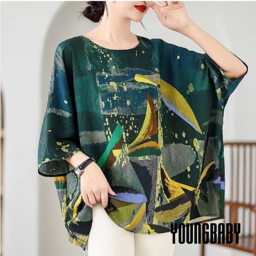 【YOUNGBABY中大碼】幾何葉子印花棉麻上衣 中大尺碼女裝