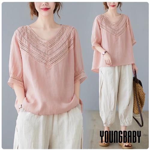 【YOUNGBABY中大碼】V領造型縷空層次花邊縈麻上衣 中大尺碼女裝