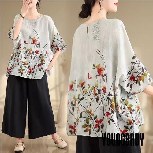 【YOUNGBABY中大碼】民俗風紅橘葉蝙蝠袖棉麻上衣 中大尺碼女裝