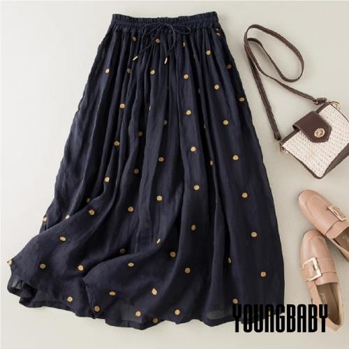 【YOUNGBABY中大碼】日系水玉點點鬆緊綁帶長裙 中大尺碼女裝