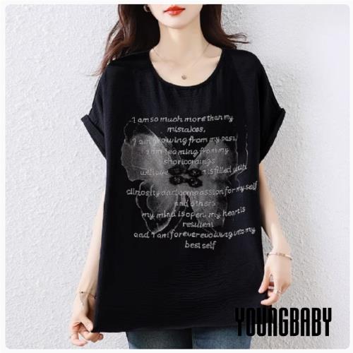 【YOUNGBABY中大碼】燙鑽英文拓印蝴蝶連袖上衣 中大尺碼女裝