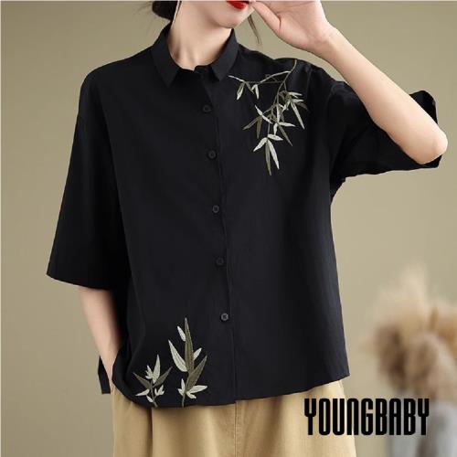 【YOUNGBABY中大碼】竹子刺繡黑色襯衫 中大尺碼女裝