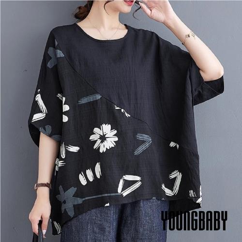 【YOUNGBABY中大碼】圓領拼接花朵圖紋連袖亞麻上衣 中大尺碼女裝