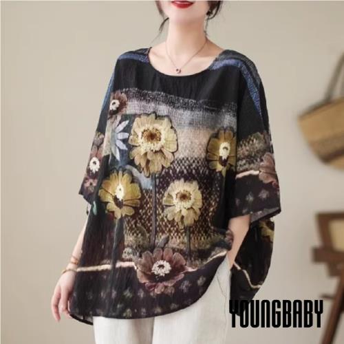 【YOUNGBABY中大碼】油畫質感花朵撞色縈麻連袖T 中大尺碼女裝
