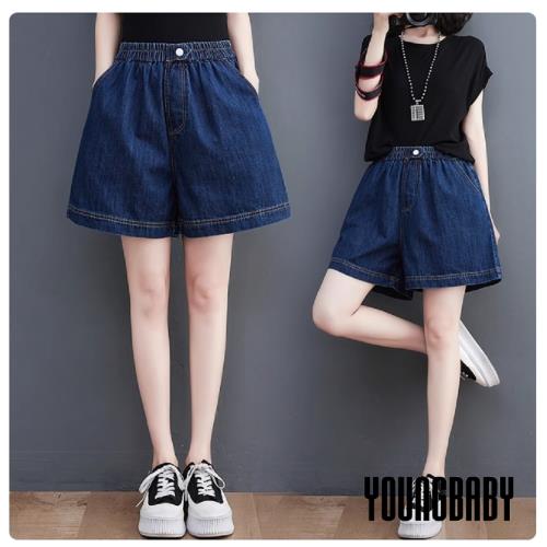 【YOUNGBABY中大碼】鬆緊腰一拉釦牛仔短褲 中大尺碼女裝