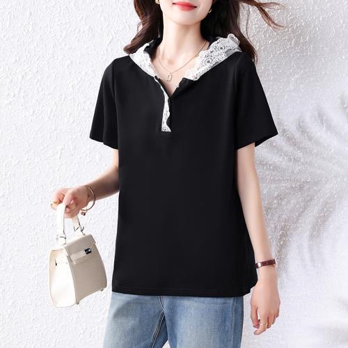 【ALLK 歐楷】新品 蕾絲連帽上衣 黑色(尺寸L-XXL/中大尺碼/涼爽/透氣)