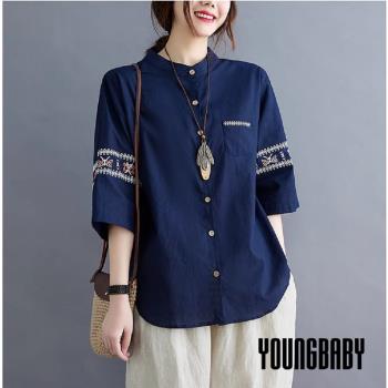 【YOUNGBABY中大碼】民俗風刺繡小立領棉麻襯衫上衣 中大尺碼女裝