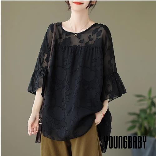 【YOUNGBABY中大碼】網紗袖花荷葉喇叭袖氣質上衣 中大尺碼女裝