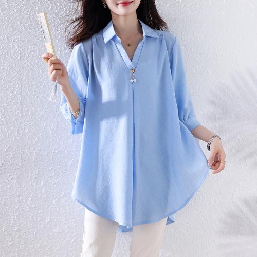 【ALLK 歐楷】新品 配飾長版上衣 藍色(尺寸L-XXL/中大尺碼/涼爽/透氣)