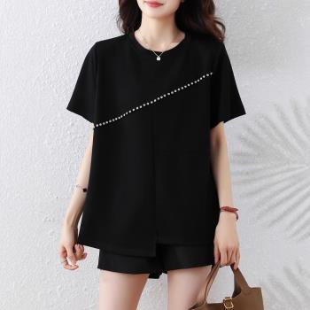 【ALLK 歐楷】新品 亮鑽配色上衣 黑色(尺寸L-XXL/中大尺碼/涼爽/透氣)