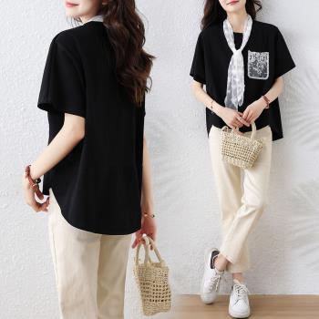 【ALLK 歐楷】新品 蕾絲領巾上衣 黑色(尺寸L-XXL/中大尺碼/涼爽/透氣)