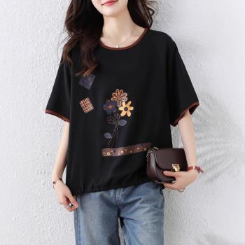 【ALLK 歐楷】新品 綁帶印花上衣 黑色(尺寸L-XXL/中大尺碼/涼爽/透氣)