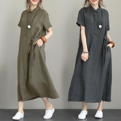 【10衣綾】日式純色棉麻翻領連身裙洋裝(百搭/透氣/舒適/M-3XL/KDDY-8184)