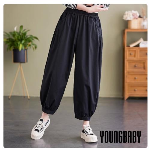 【YOUNGBABY中大碼】造型抓折口袋棉麻鬆緊九分褲中大尺碼女裝