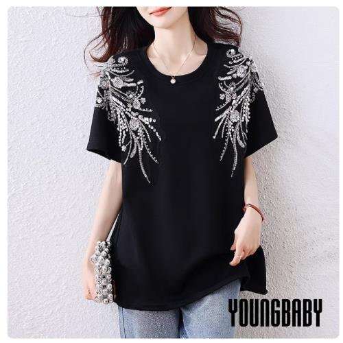 【YOUNGBABY中大碼】氣質重工亮片垂飾珠花黑色上衣 中大尺碼女裝