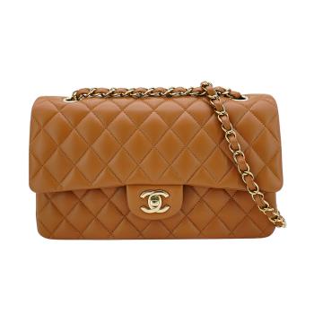 Chanel Coco 雙C菱格羊皮金鍊翻蓋斜揹包-25cm(A01112-焦糖棕)