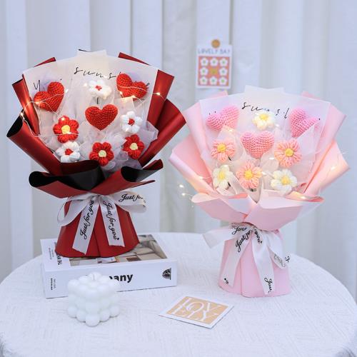 【台灣現貨】  創意手工編織花 心型玫瑰 針織花 成品花束(情人節 母親節 教師節 畢業 生日)