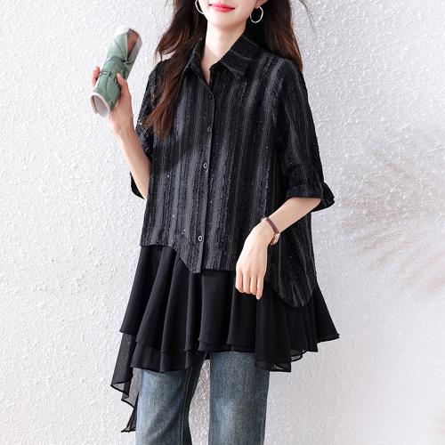 【ALLK 歐楷】新品 千層拼接上衣 黑色(尺寸L-XXL/中大尺碼/涼爽/透氣)