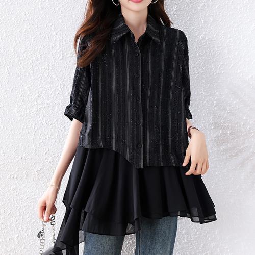 麗質達人 - 2960黑色雪紡拼接假二件上衣-LY