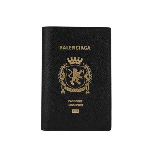 BALENCIAGA 金色燙印紋理牛皮對開護照夾(黑色)