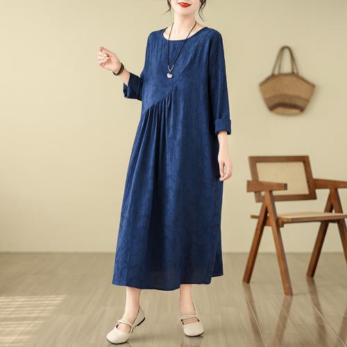 任-【10衣綾】棉麻長袖連身裙洋裝(百搭/透氣/舒適/3色/L-2XL/KDDQ-9510)