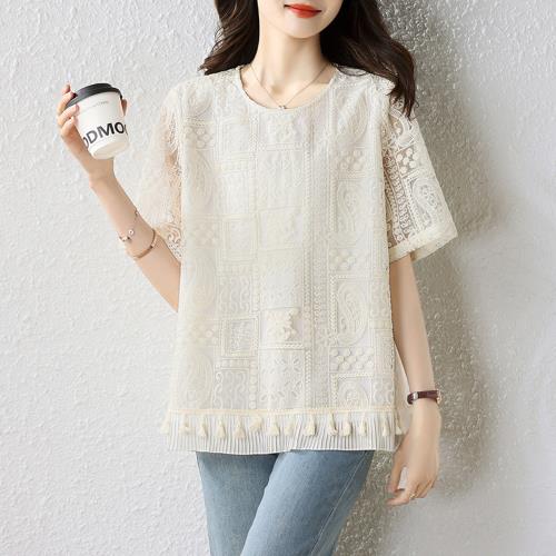 【ALLK 歐楷】新品 刺繡簍空上衣 杏色(尺寸L-XXL/中大尺碼/涼爽/透氣)