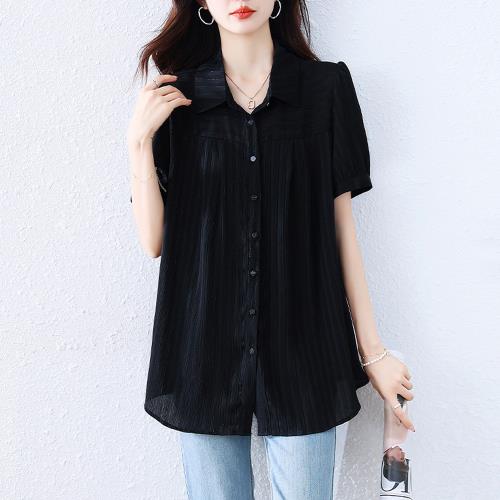 【ALLK 歐楷】新品 翻領長版上衣 黑色(尺寸L-XXL/中大尺碼/涼爽/透氣)