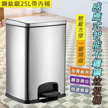 金柯 25L 垃圾桶 不鏽鋼垃圾桶 腳踏式垃圾筒 大容量廚餘桶 帶蓋防臭方形垃圾桶 靜音緩降 腳踩開合