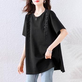 【ALLK 歐楷】新品 燙鑽長版上衣 黑色(尺寸L-XXL/中大尺碼/涼爽/透氣)