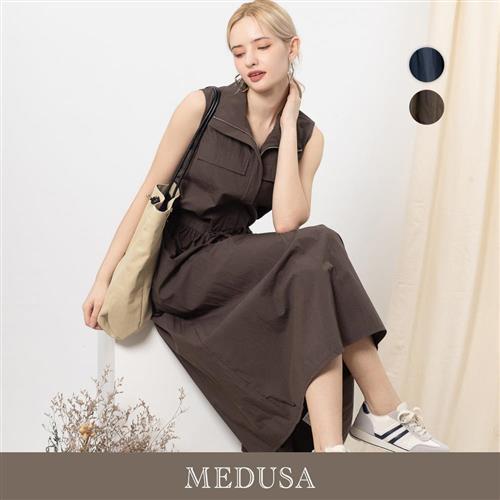 現貨【MEDUSA 曼度莎】天絲棉拉鍊立領收腰長洋裝 - 2色（M-XL）｜長洋裝 無袖休閒洋裝 高級天絲棉