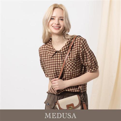 現貨【MEDUSA 曼度莎】復古口袋格紋短袖休閒襯衫（M-XL）｜女休閒上衣 短袖上衣 日系穿搭