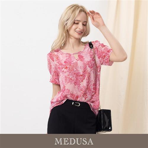 現貨【MEDUSA 曼度莎】粉紅花境小開口長版雪紡上衣（M-2L）｜女雪紡上衣 長版上衣 碎花雪紡