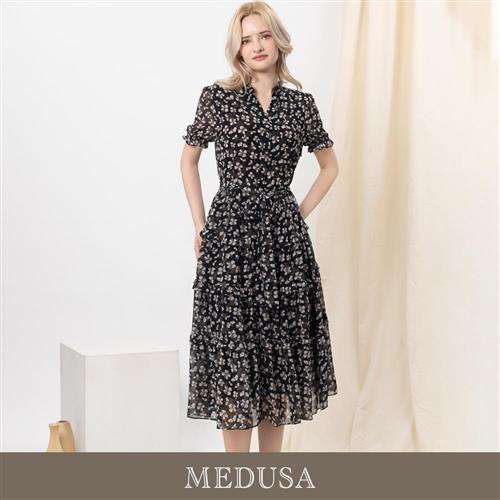 現貨【MEDUSA 曼度莎】黑色四葉草腰綁帶雪紡洋裝（M-XL）｜雪紡洋裝 氣質穿搭